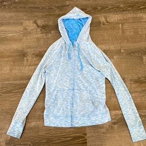 Light blue long sleeve zip up hoodie sweater.